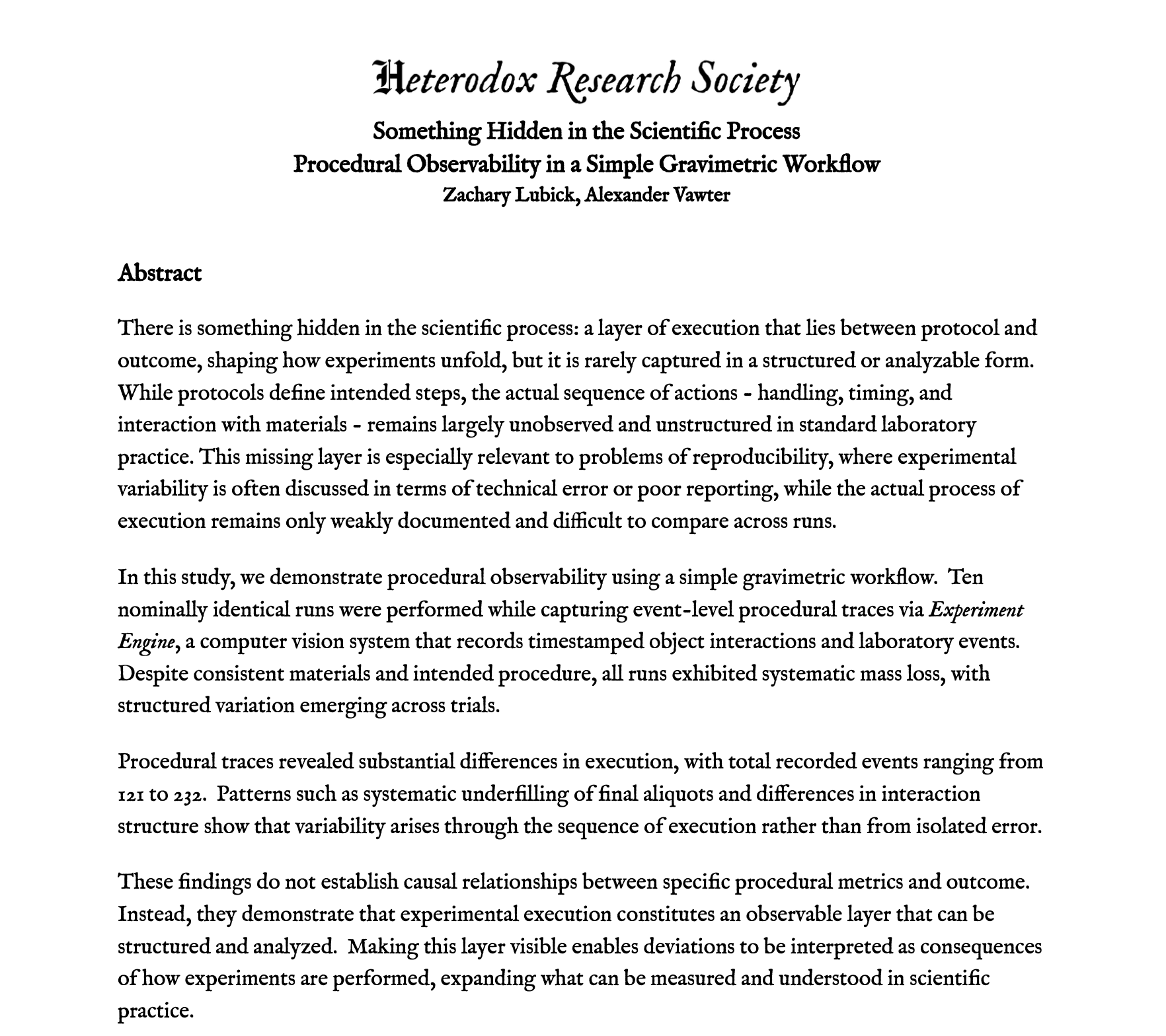 First page of the paper Something Hidden in the Scientific Process by Zachary Lubick and Alexander Vawter, showing the title and abstract